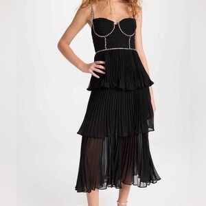 Self-Portrait Black Tiered Midi Dress with Rhinestone Trim